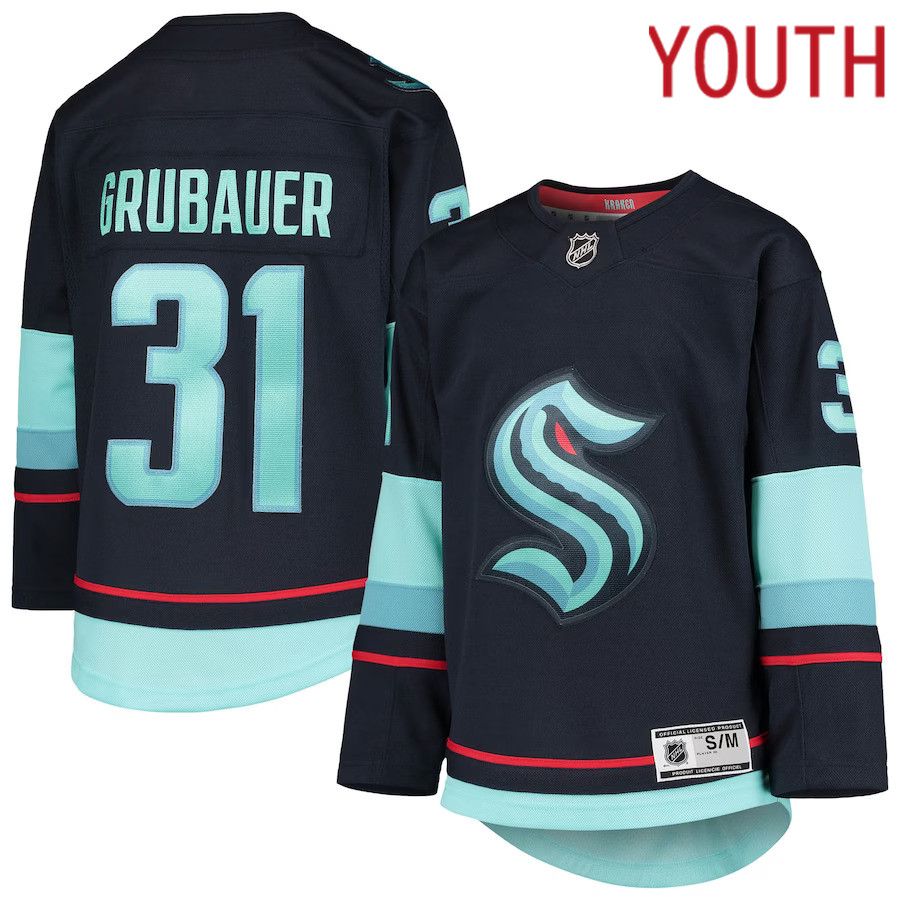 Youth Seattle Kraken 31 Philipp Grubauer Deep Sea Blue Home Premier Player NHL Jersey